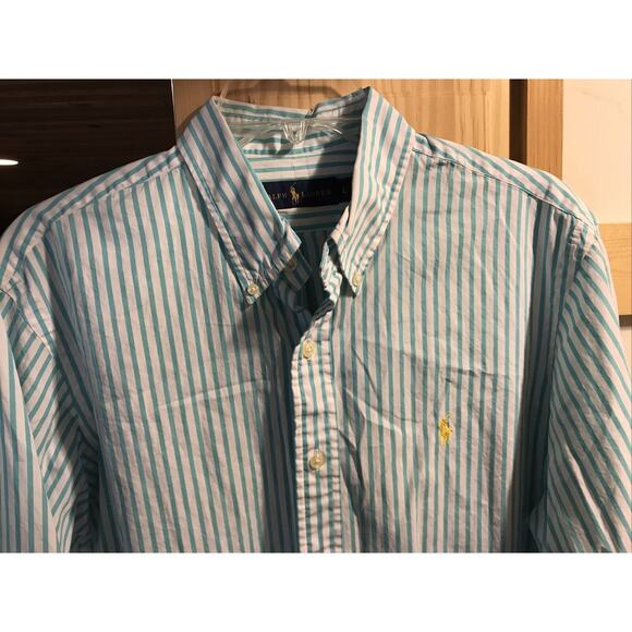 Ralph Lauren Men’s L White Blue Striped Long Sleeve Button Down Cotton Shirt - Picture 8 of 12